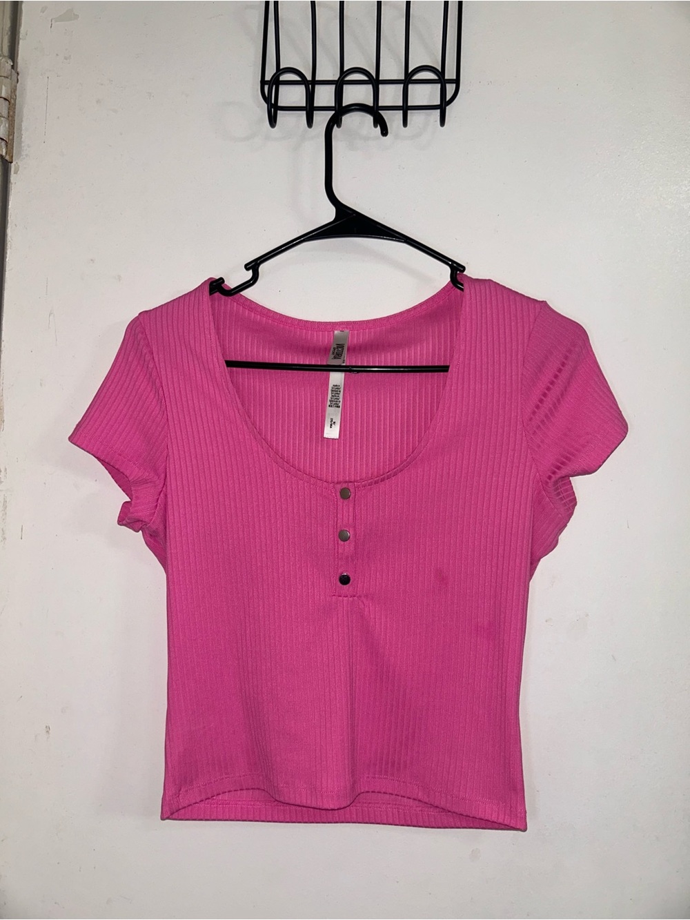 Ribbed Scoop Neck Crop Top with Button Detail - Hot Pink